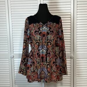 Wishful Park Boho Y2K Black Paisley Tassel Tie Flare Long Sleeves Tunic Blouse M